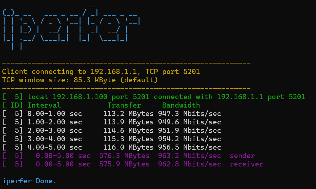 Terminal output from custom iPerf network tool
